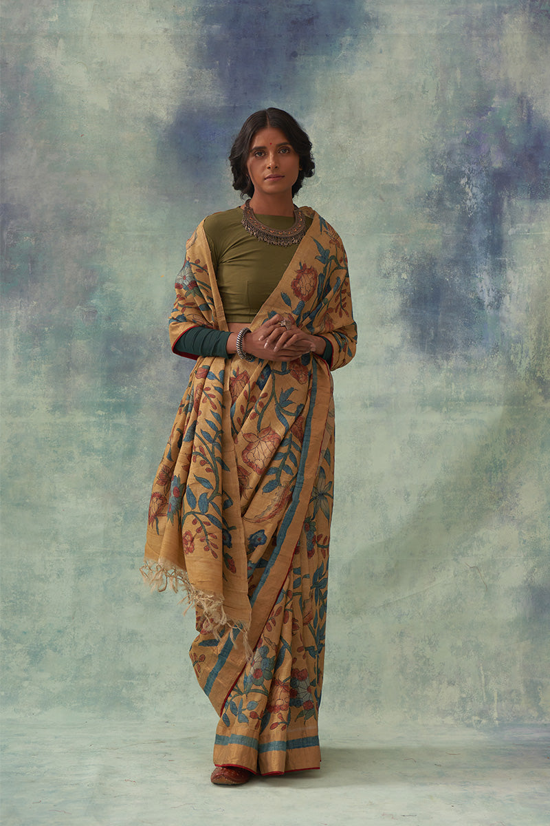 Moti' Kalamkari with Zari Pure Banarasi Silk Saree