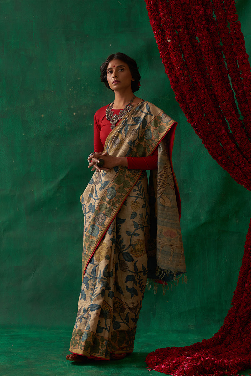 Muktamani' Kalamkari Pure Tussar Silk Saree