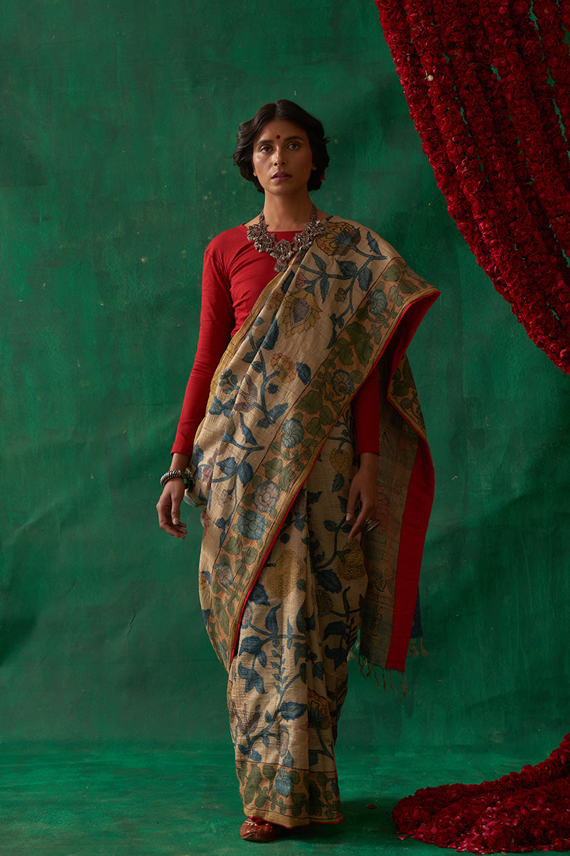 Muktamani' Kalamkari Pure Tussar Silk Saree