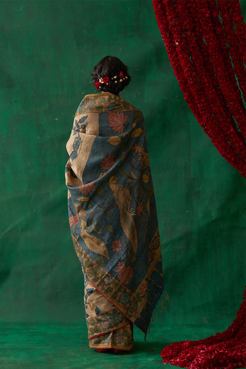 Muktamani' Kalamkari Pure Tussar Silk Saree