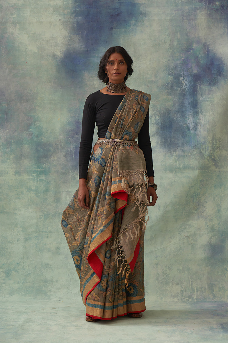 Padmini' Kalamkari with Zari Pure Tussar Silk Saree