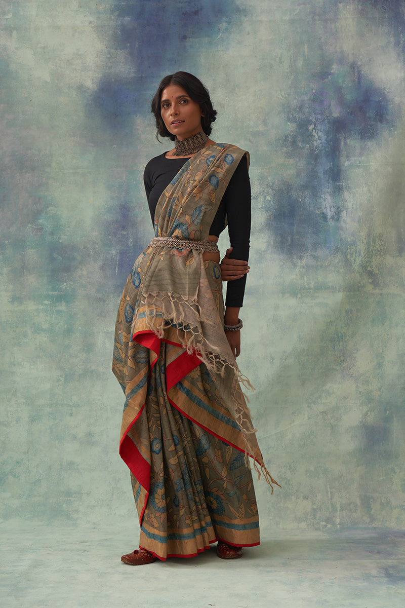 Padmini' Kalamkari with Zari Pure Tussar Silk Saree