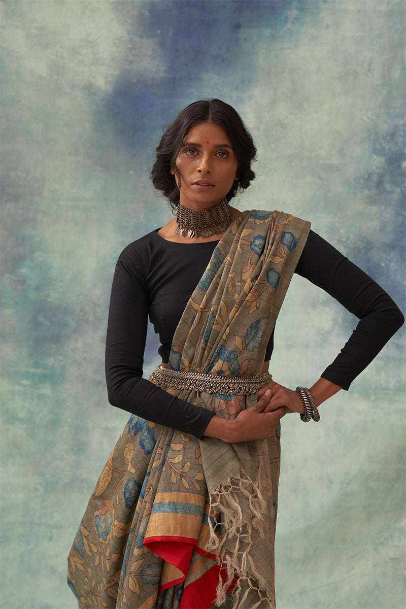 Padmini' Kalamkari with Zari Pure Tussar Silk Saree