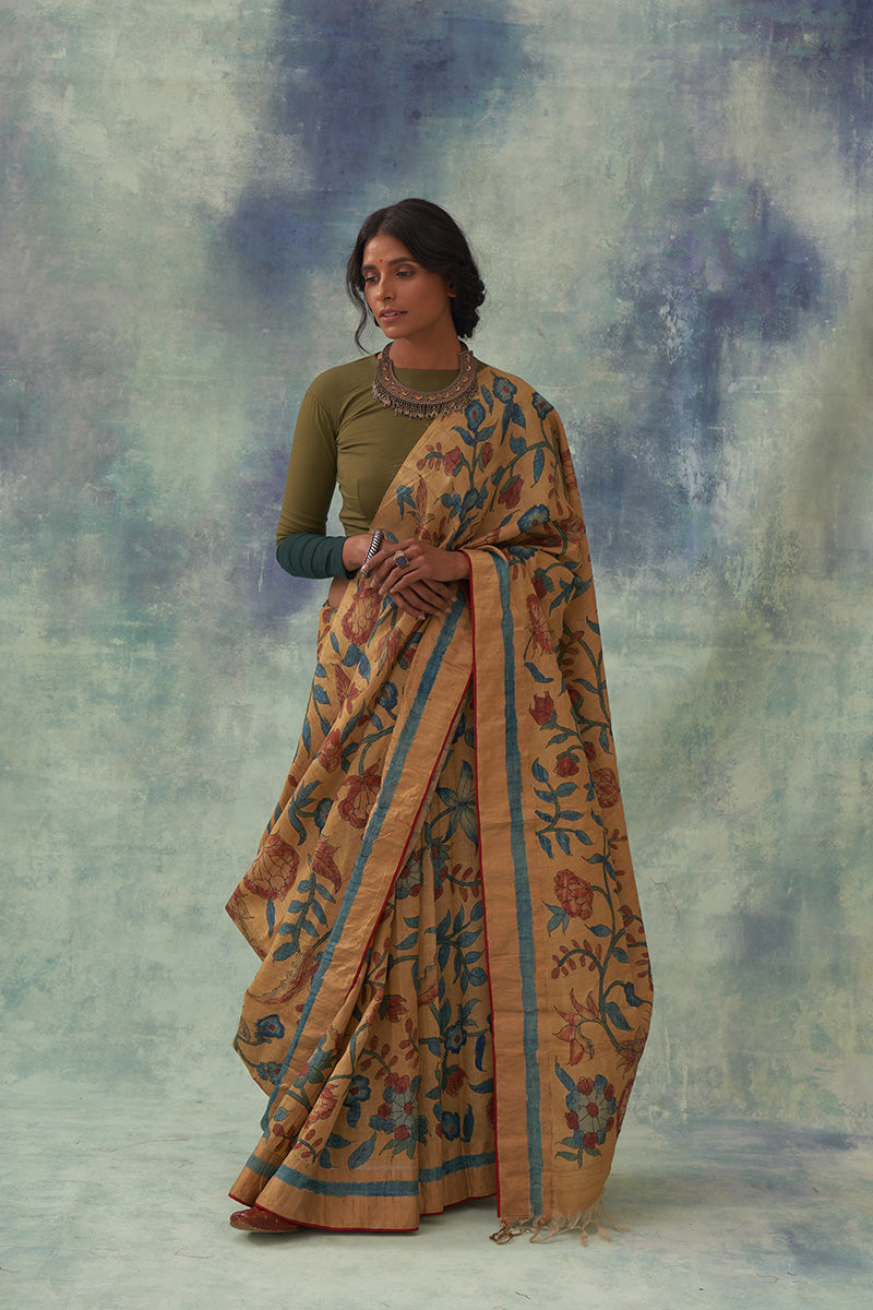 Moti' Kalamkari with Zari Pure Banarasi Silk Saree