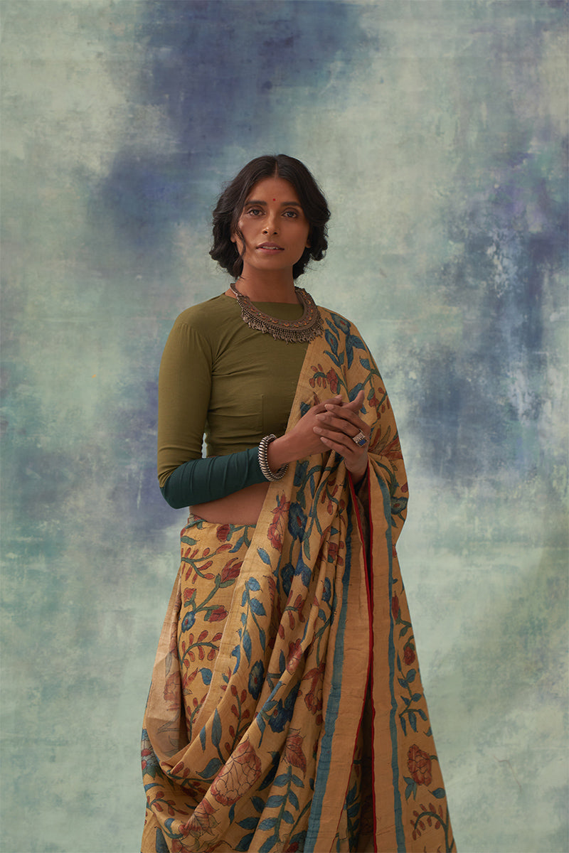 Moti' Kalamkari with Zari Pure Banarasi Silk Saree