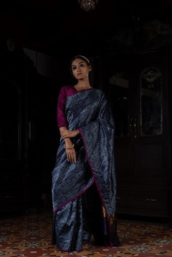 Akriti' Neeli Tanchoi Zari Pure Silk Benarasi Handloom Sari