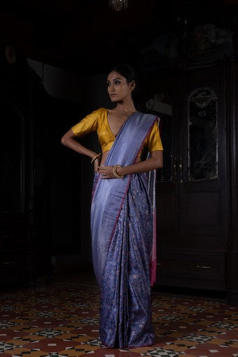 Pushp Rekha' Blue Tanchoi Zari Pure Silk Benarasi Handloom Sari