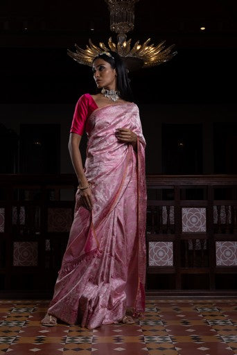 Surkh Surur' Gulabi Jaal Zari Pure Silk Benarasi Handloon Sari