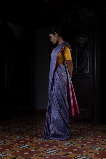 Pushp Rekha' Blue Tanchoi Zari Pure Silk Benarasi Handloom Sari