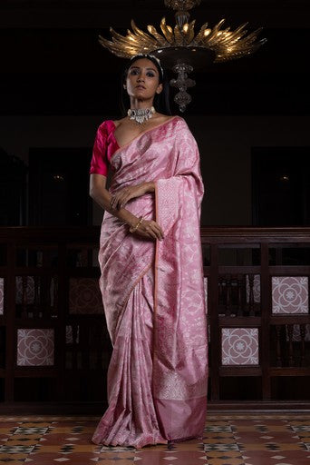 Surkh Surur' Gulabi Jaal Zari Pure Silk Benarasi Handloon Sari