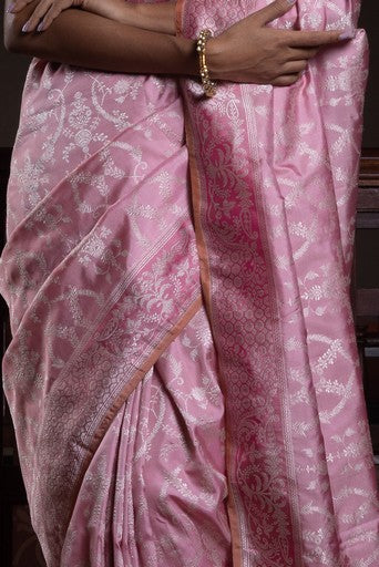 Surkh Surur' Gulabi Jaal Zari Pure Silk Benarasi Handloon Sari