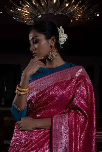 Chaand Ki Jaali' Rani Geometric Zari Pure Silk Benarasi Handloon Sari