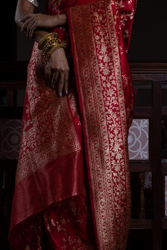 Champai Noor' Laali Jaal Zari Pure Silk Benarasi Handloon Sari