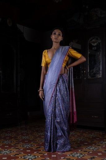 Pushp Rekha' Blue Tanchoi Zari Pure Silk Benarasi Handloom Sari