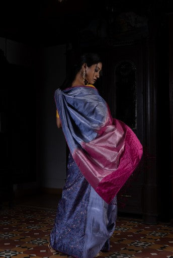 Pushp Rekha' Blue Tanchoi Zari Pure Silk Benarasi Handloom Sari