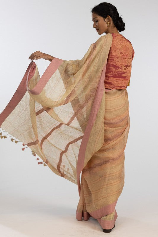 POOJA'  Linen Handloom Sari  unstitched blouse