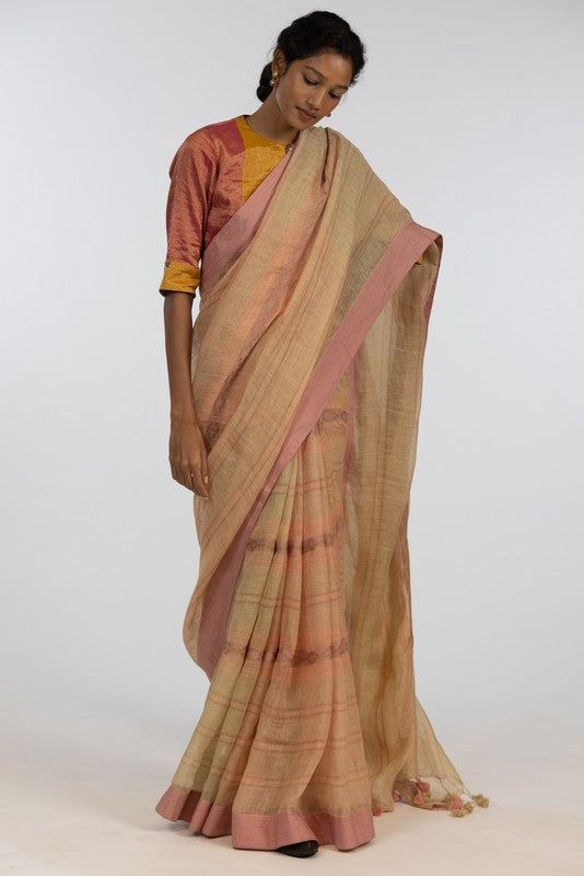 POOJA'  Linen Handloom Sari  unstitched blouse