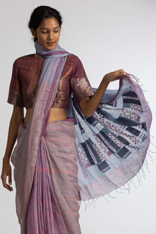 RAJEE'  Jamdani Linen Handloom Sari  unstitched blouse