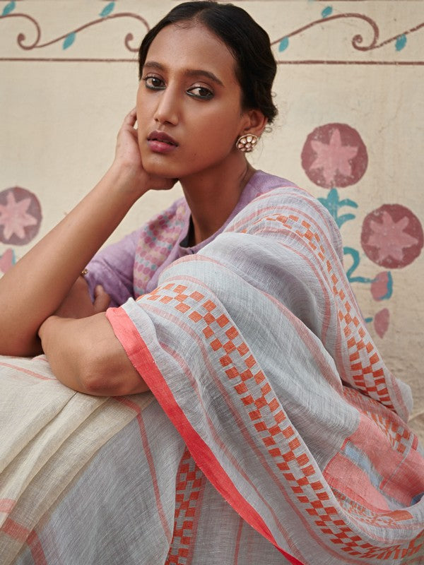 RAJYASHREE'  Jamdani Linen Handloom Sari