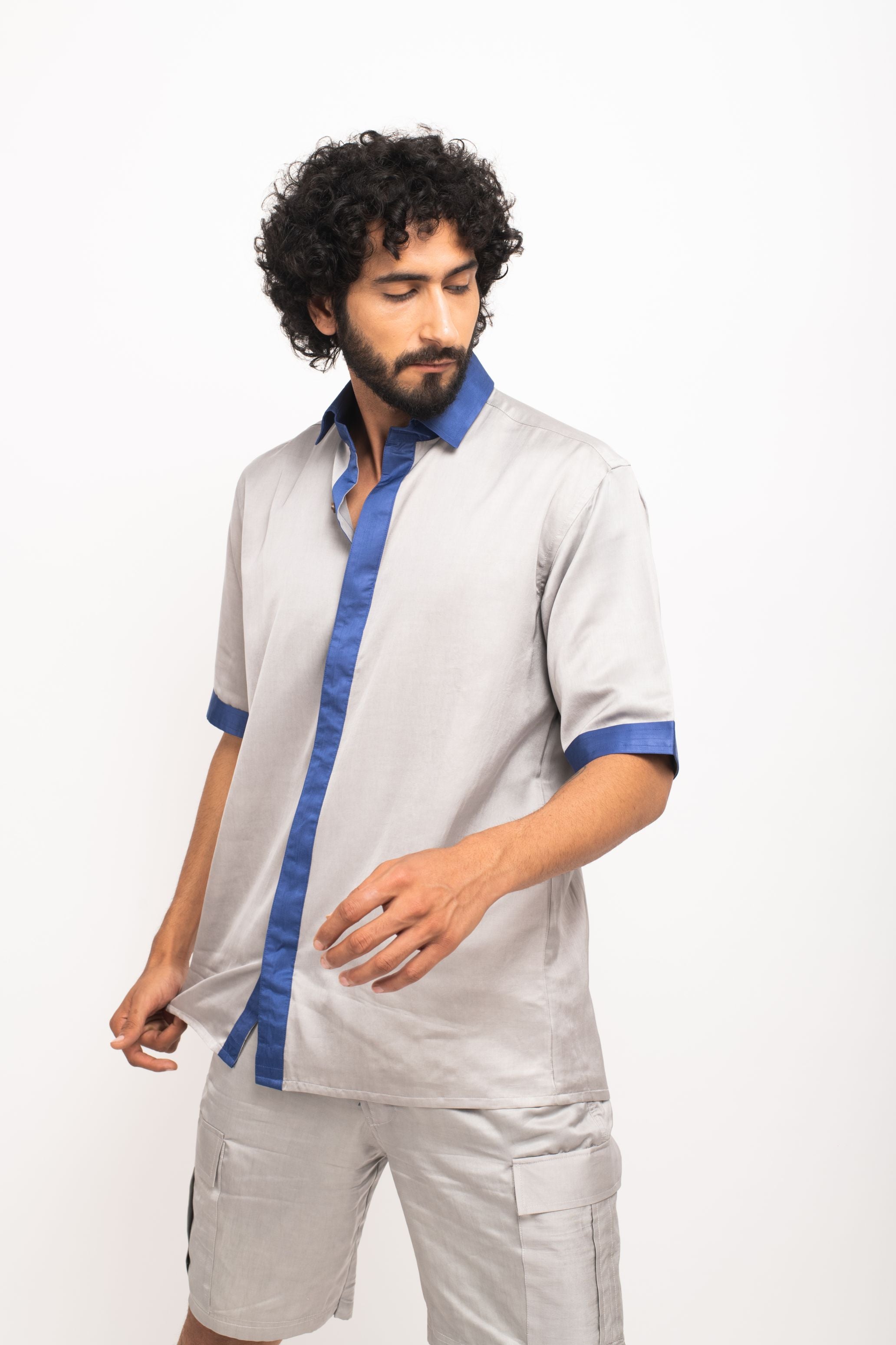 Grey-Blue Collar Colorblocked Shirt