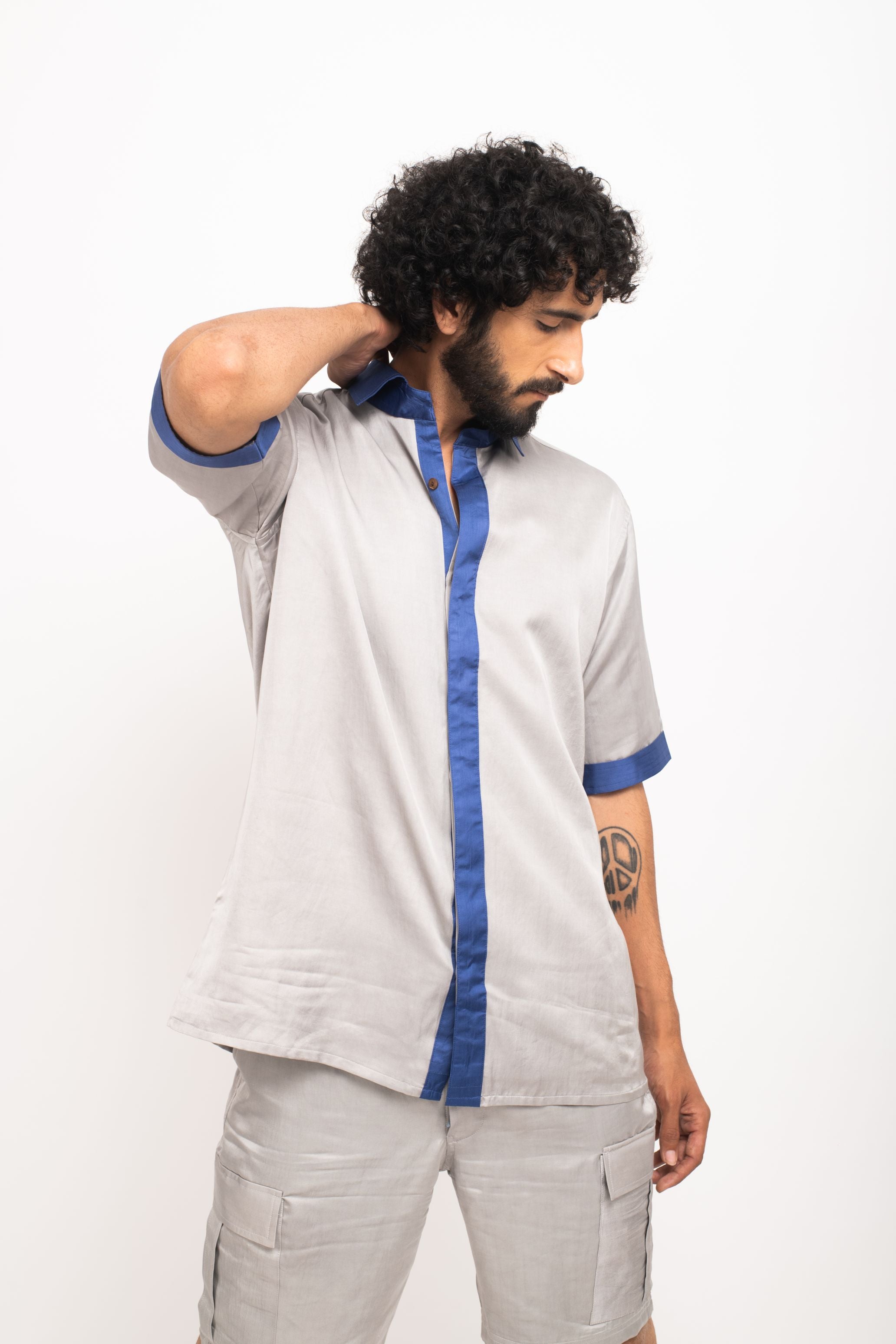 Grey-Blue Collar Colorblocked Shirt