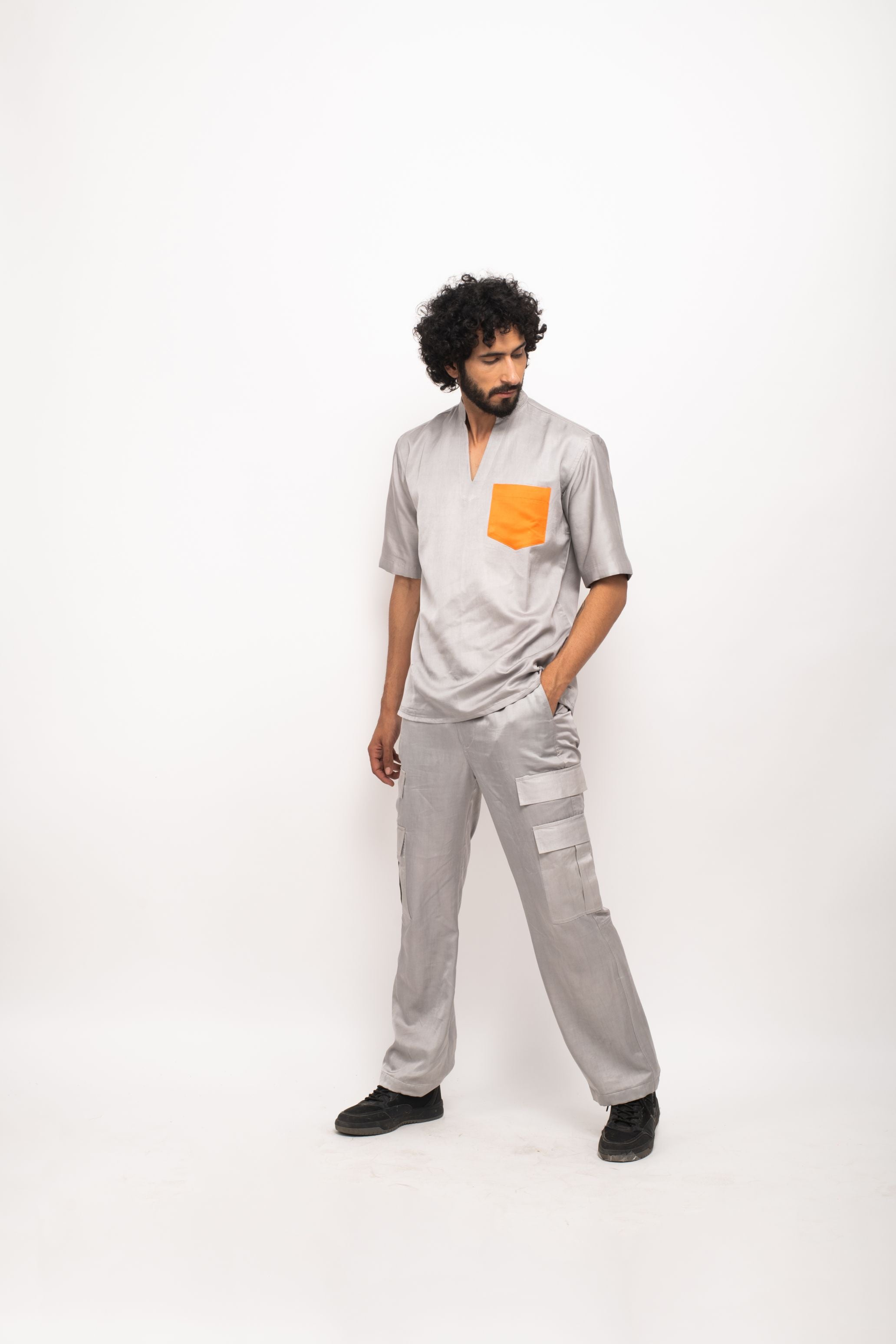 Grey-Orange Pocket Shirt