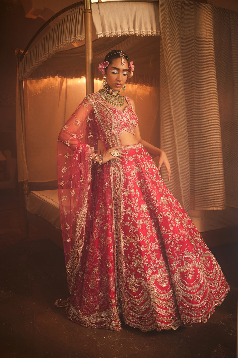 Cherry Red heavily embroidered lehenga