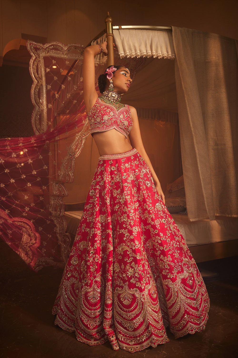 Cherry Red heavily embroidered lehenga