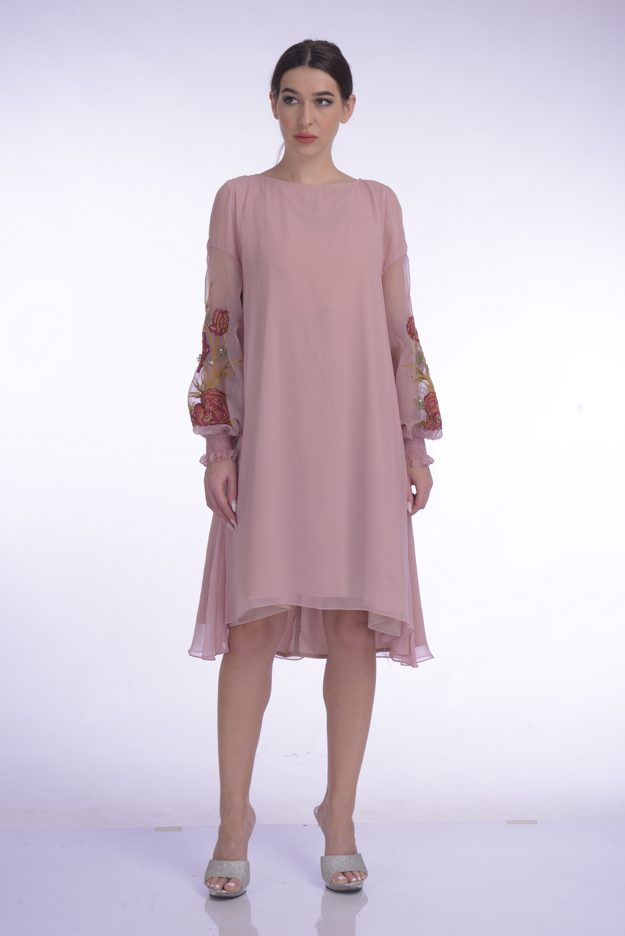 GGT Flaire Dress With Embellished Thread Embroidery Organza Sleeve