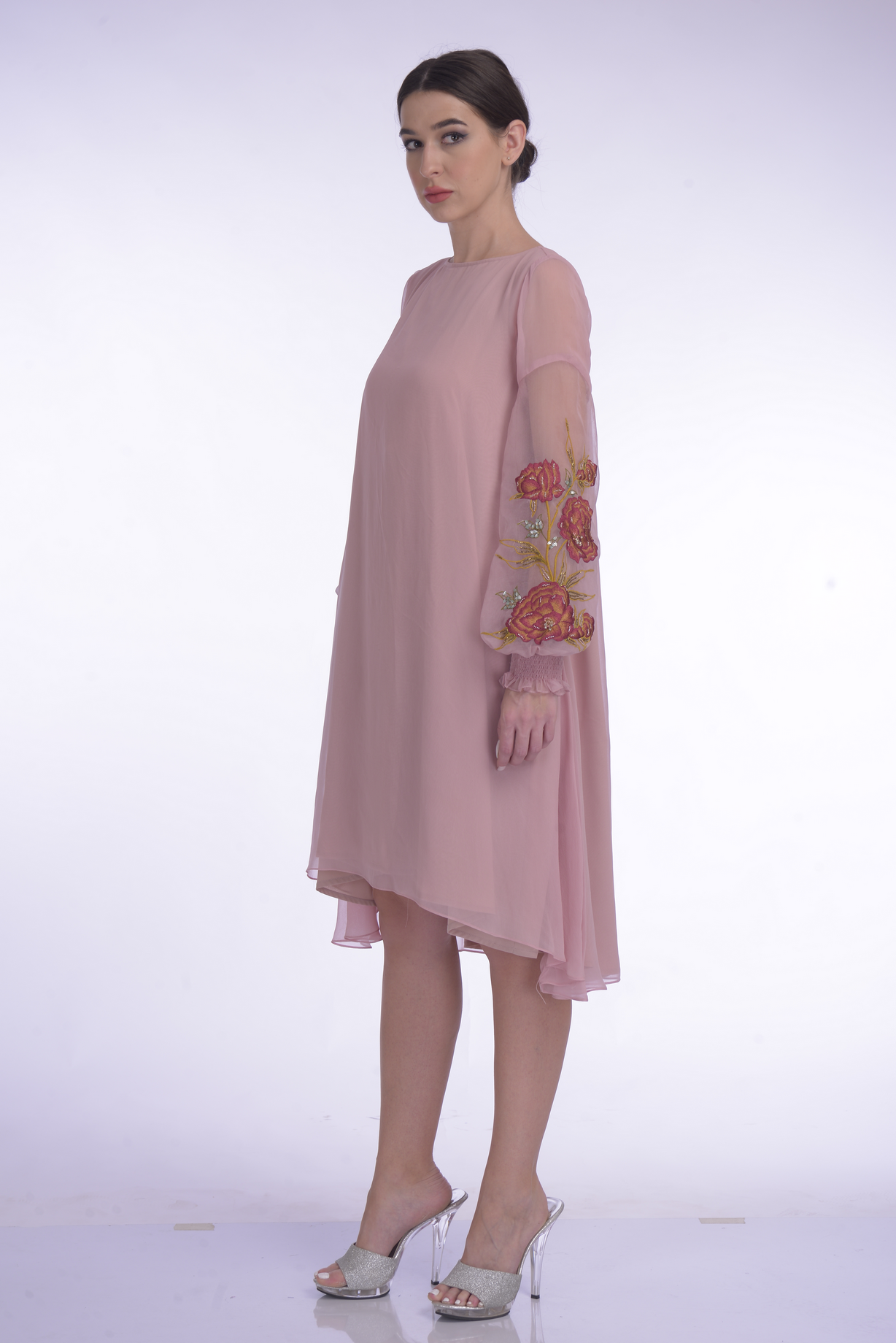 GGT Flaire Dress With Embellished Thread Embroidery Organza Sleeve