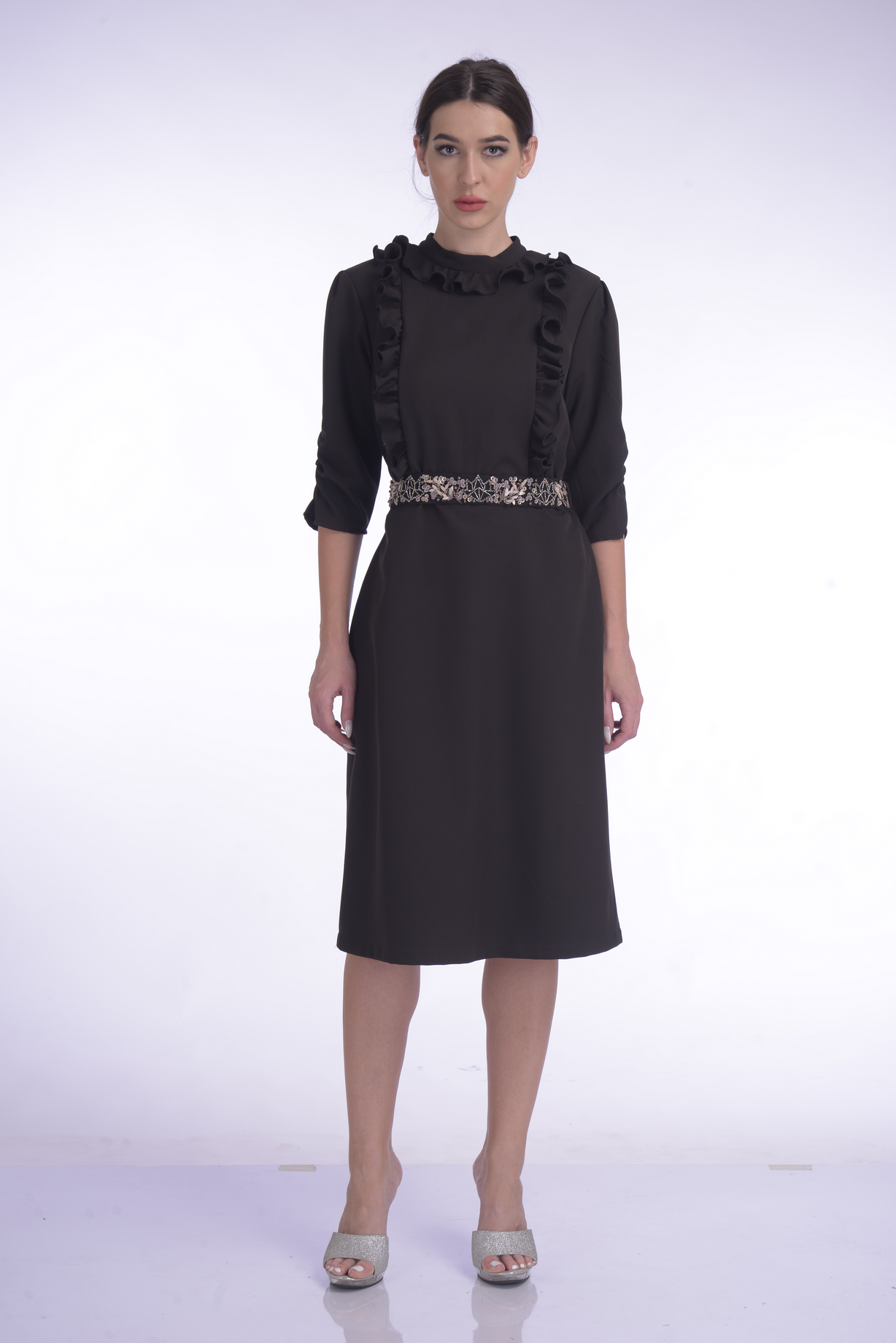 Black Frill Neck Dress with Signature Platinoir belt