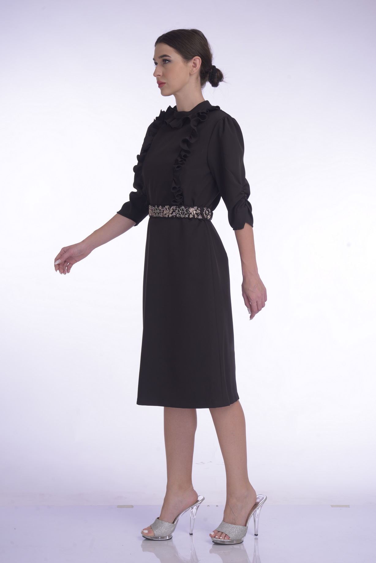 Black Frill Neck Dress with Signature Platinoir belt