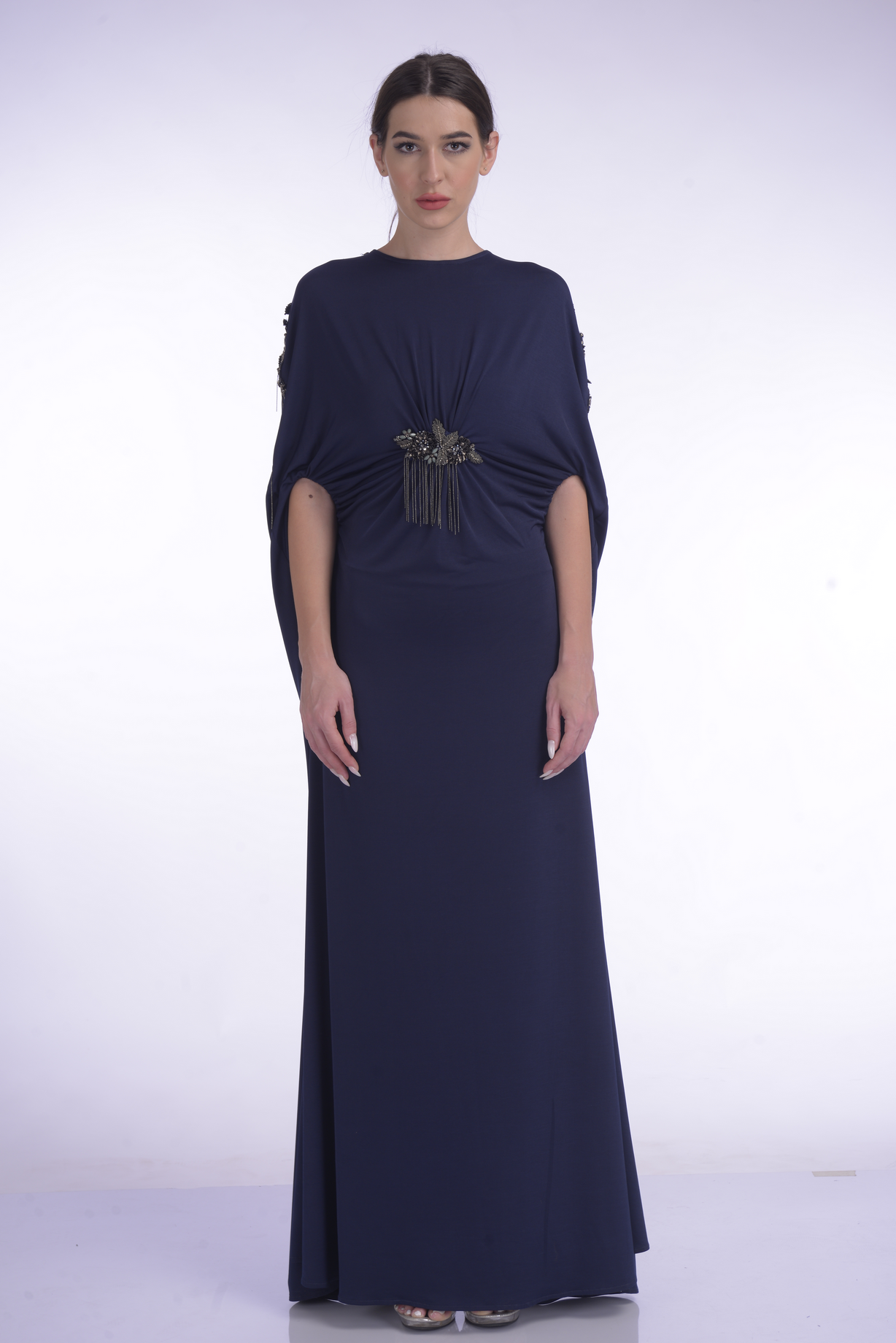 Midnight Sky Jersey Drape Delicately Highlighted With Mettalic Sequence