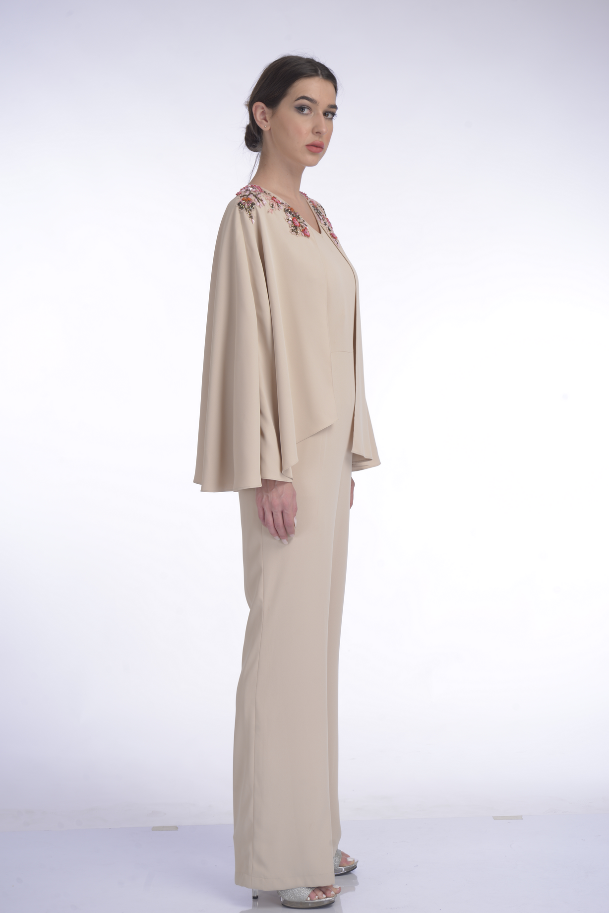 Asymmetric Cape Style Jumpsuit with Delicate Neck Embellishment