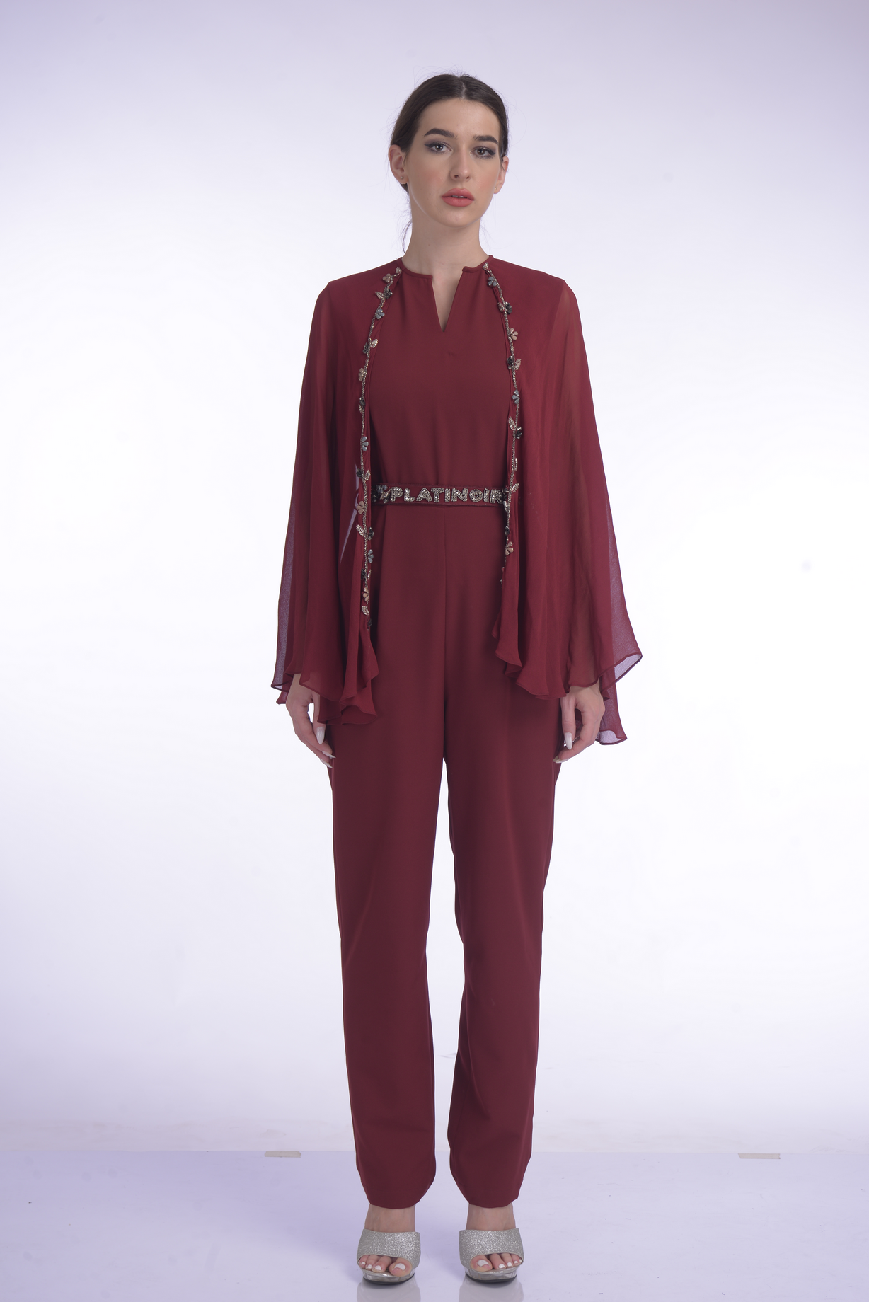 Delicatly Embellished Cape Style Jumpsuit With Signature Platinoir Belt