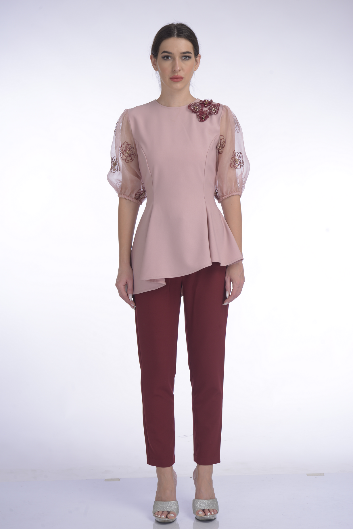 Veiled Rose Organza Embellished Sleeve Top with Bottom Fit Pants