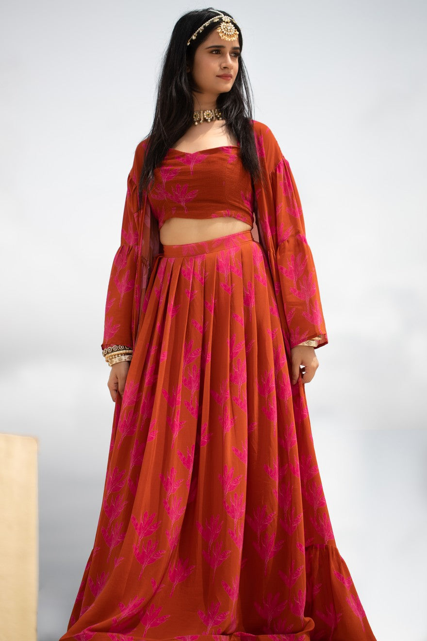 Pink banana lehenga with crop top and cape