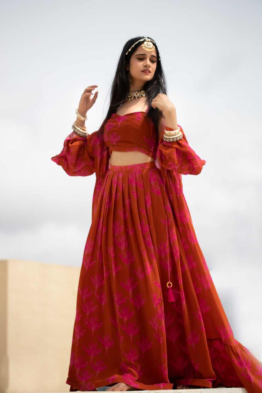 Pink banana lehenga with crop top and cape