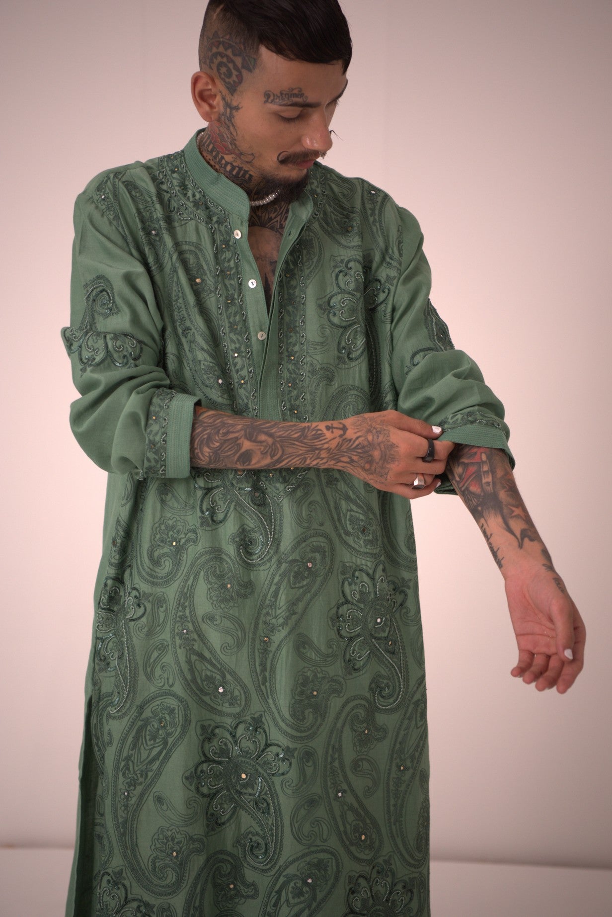 Chanderi Moss Green Power Paisley Kurta With Pants