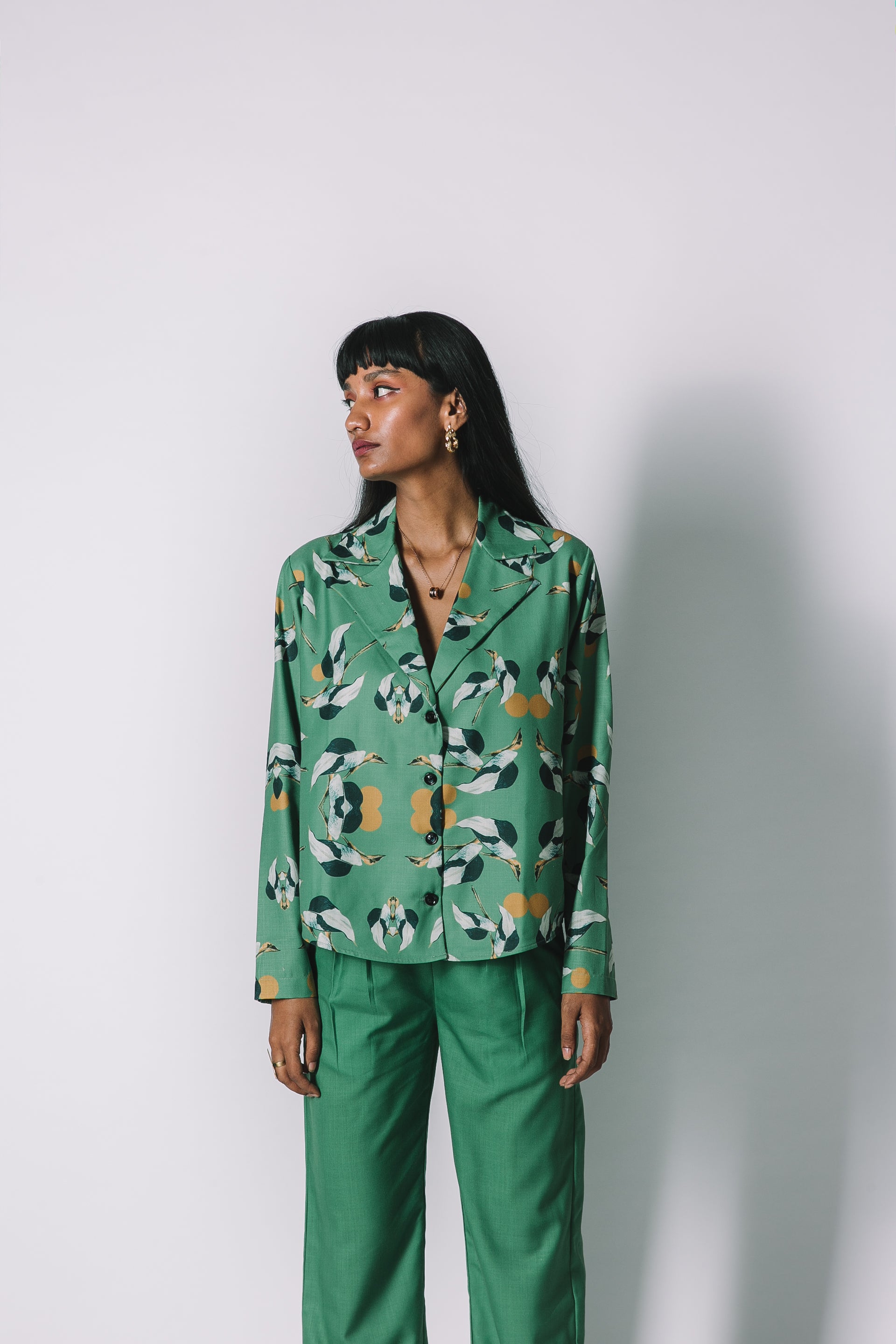 Green Printed flamingo shirt set