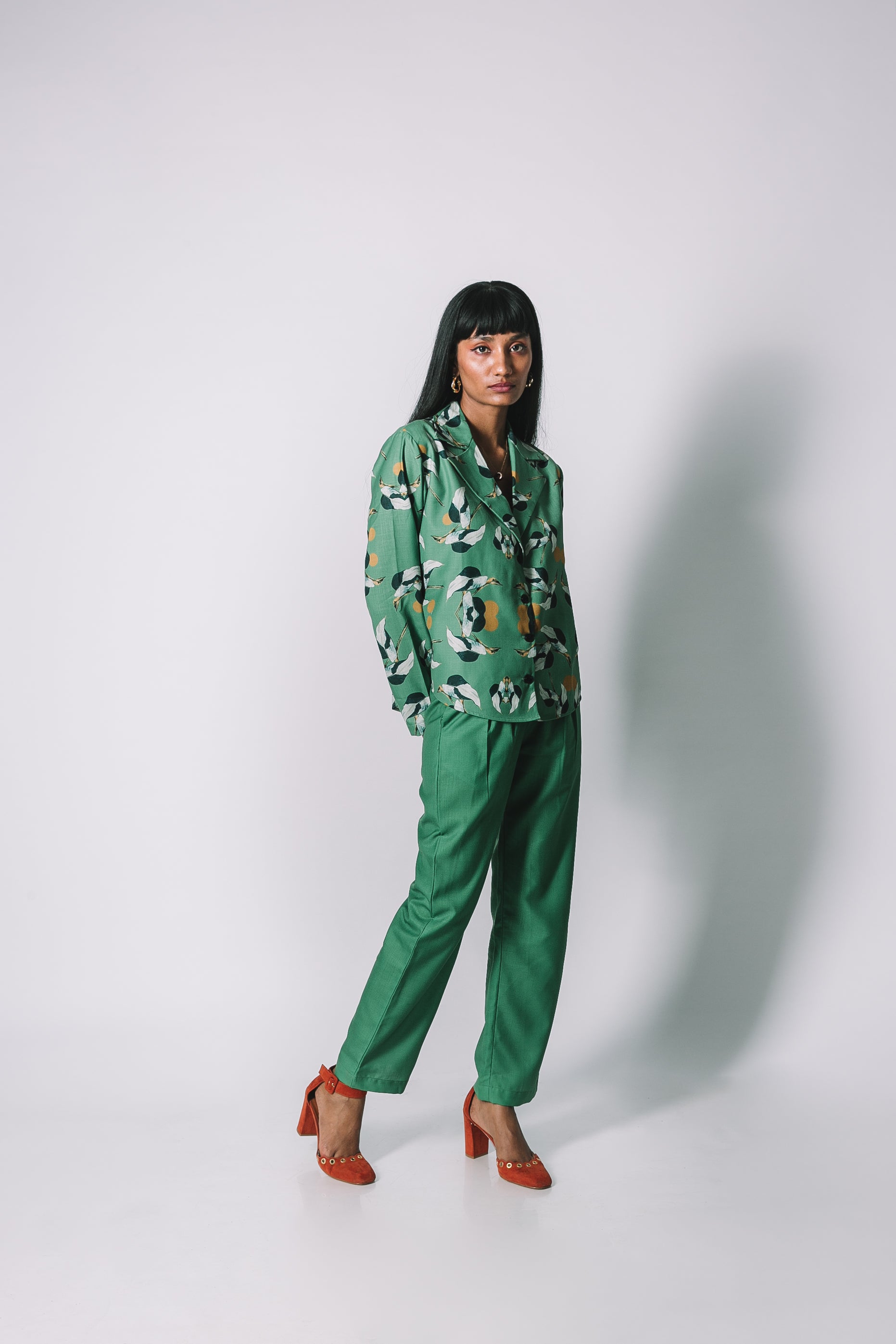 Green Printed flamingo shirt set