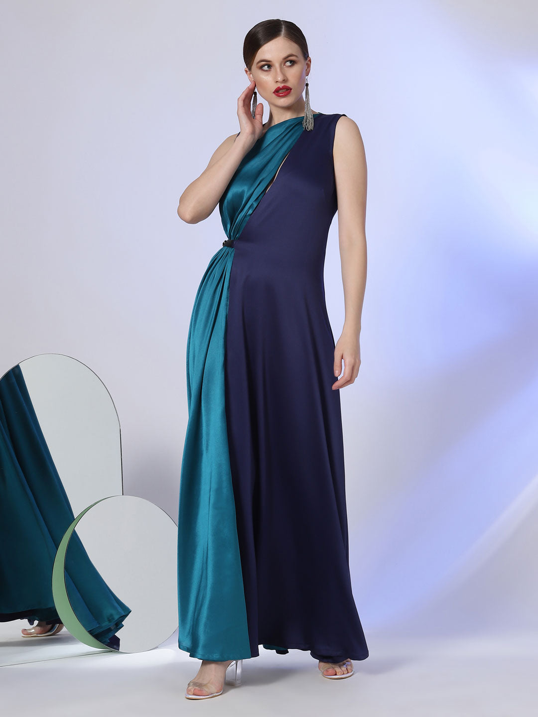 Navy Blue Sleevless Flared Gown