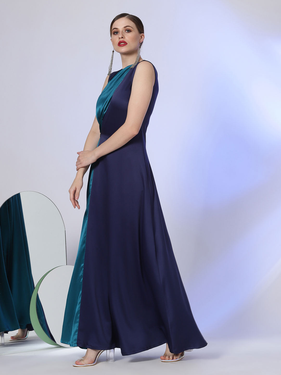 Navy Blue Sleevless Flared Gown