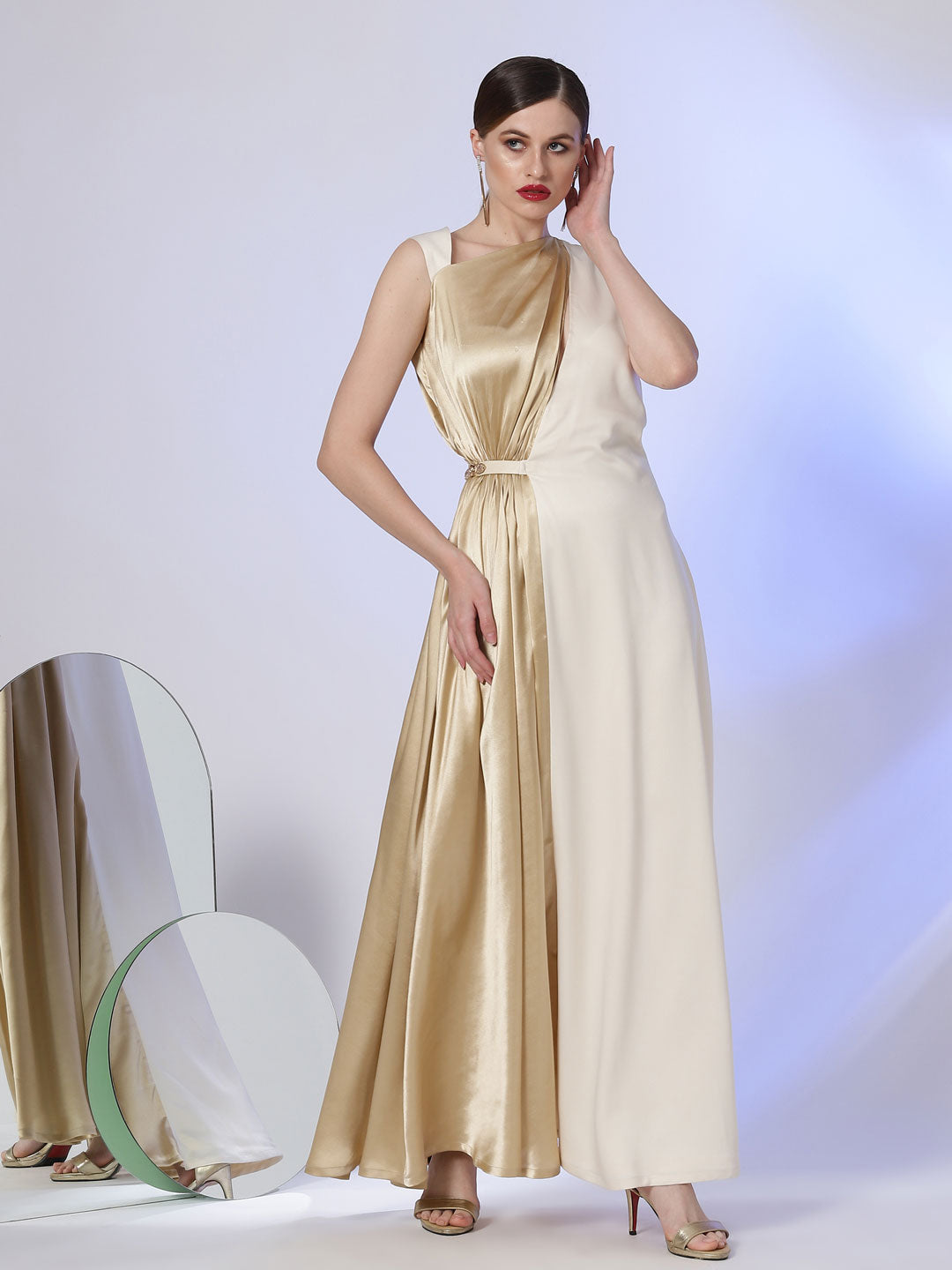 Off White Sleeveless Flared Gown