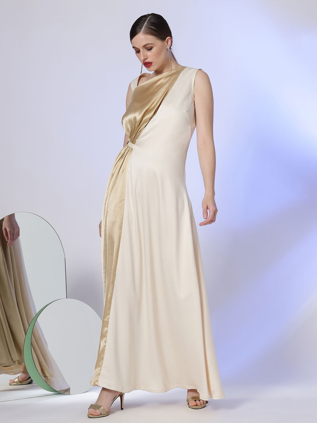 Off White Sleeveless Flared Gown