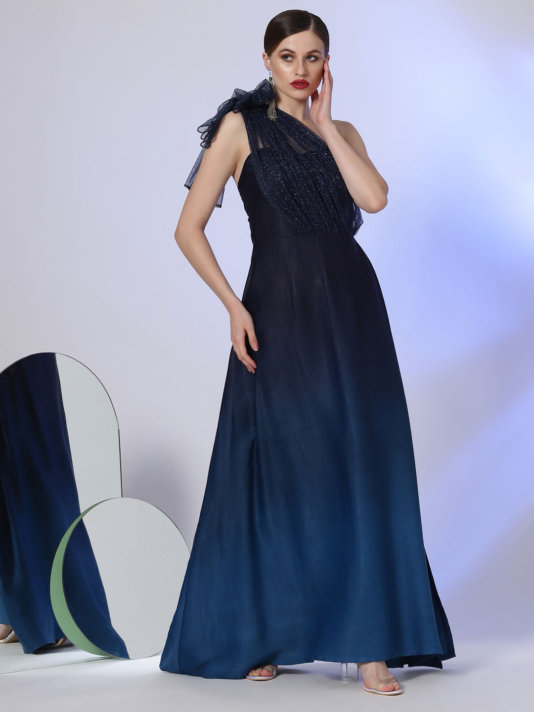 Navy to Blue One Shoulder Ombre Gown