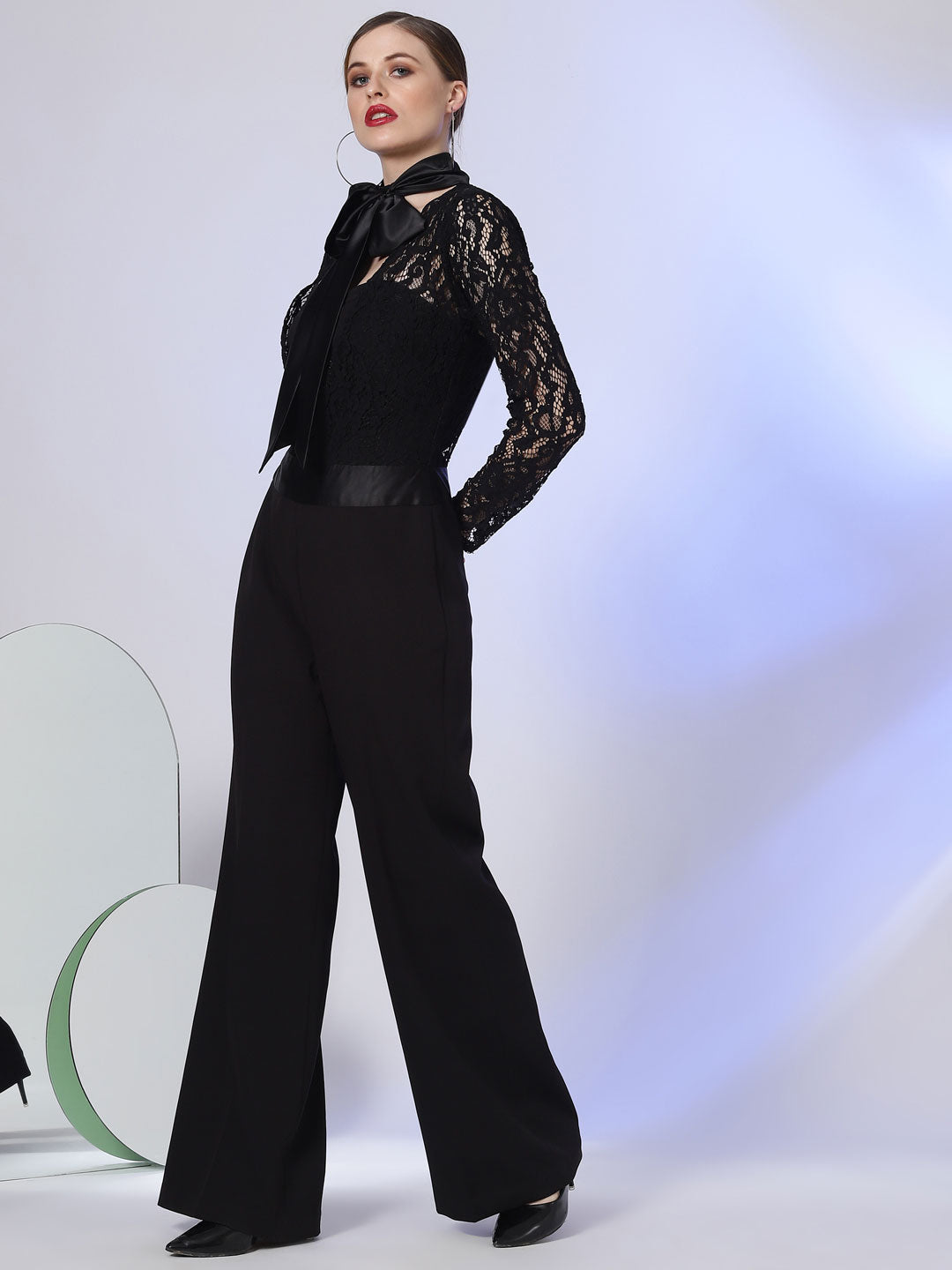 Black Lace Low Back Bow Tie Jumpsuit