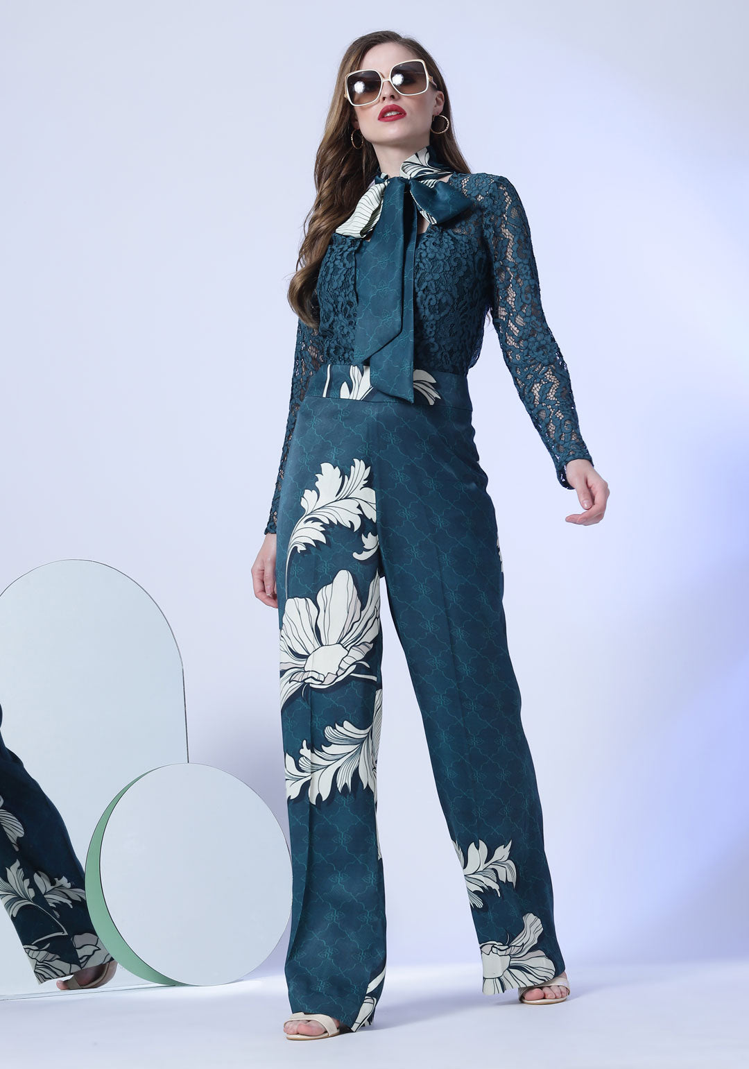 Teal Floral Printed Low Back Full Sleeve Bow Tie Jumpsuit