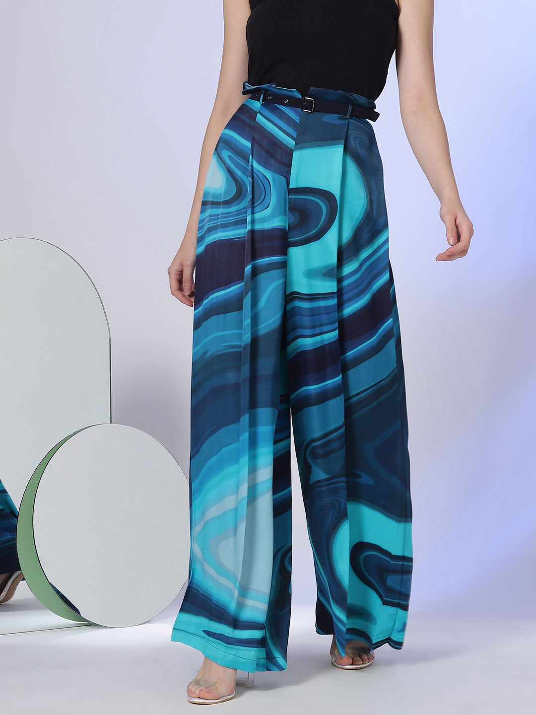 Marble Print Wide Leg Pants with Navy Blue Belt