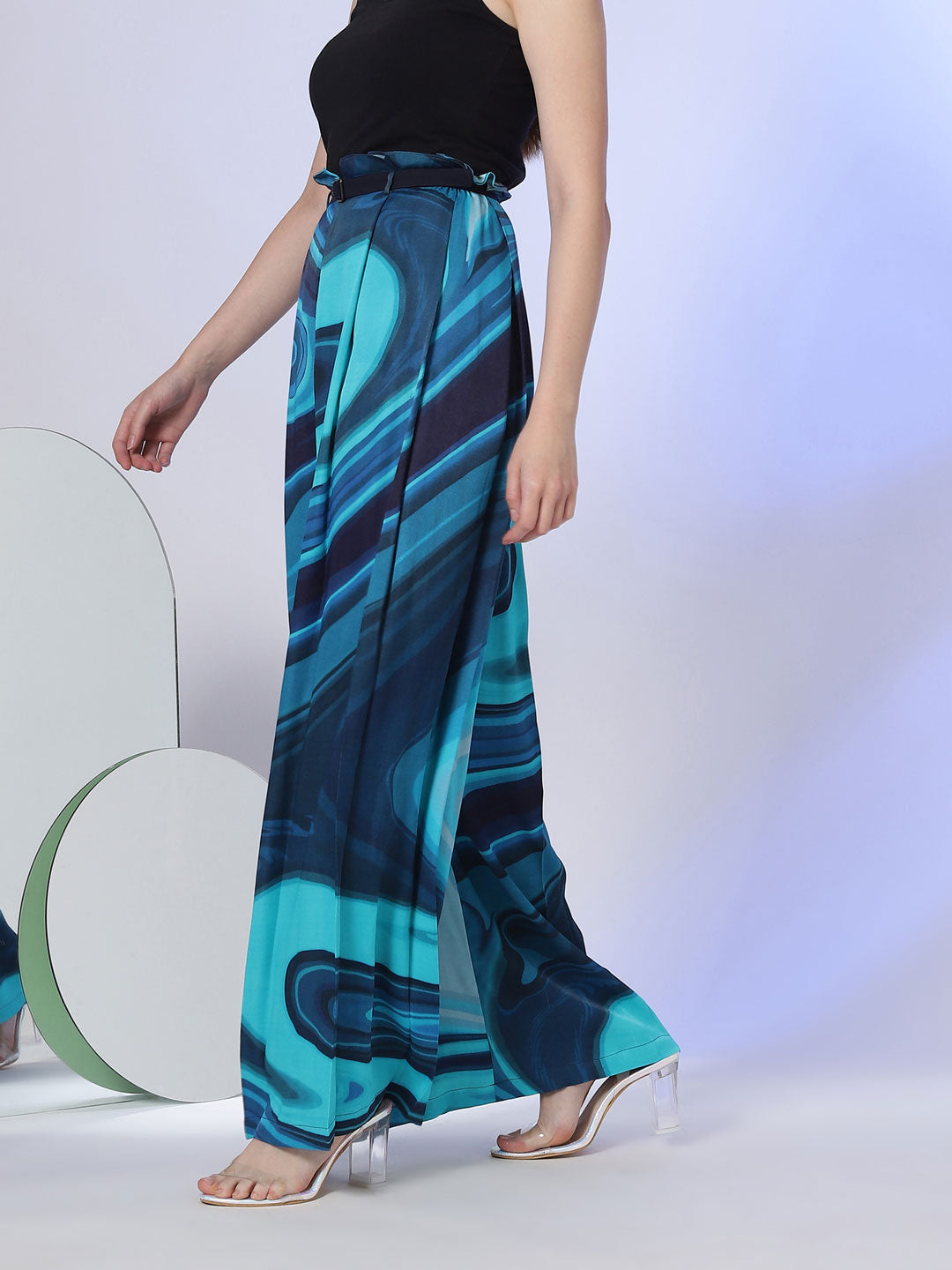 Marble Print Wide Leg Pants with Navy Blue Belt